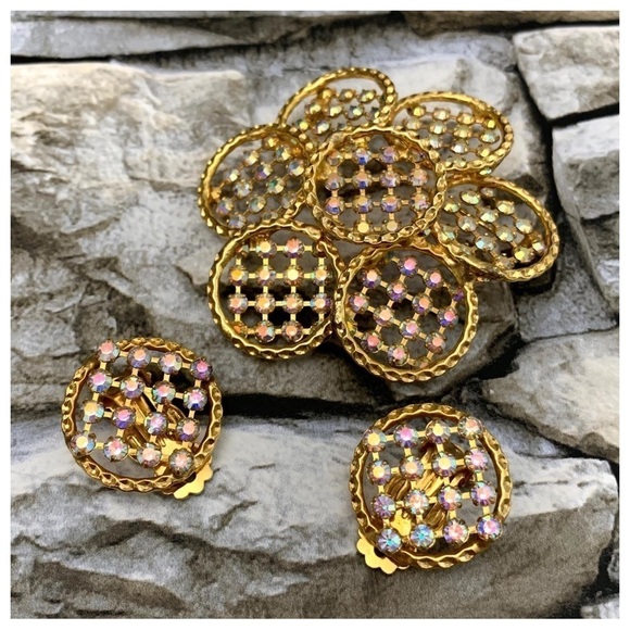 Vintage Figural Flower Art Glass Aurora Borealis Gold Brooch Pin Clip Earrings - Picture 4 of 7